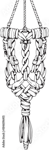 Macramé Crochet Handcraft Hobby Hand-drawn Sketch Drawing Vector Illustration, Line Linear Symbol Engraving Coloring Book, Black and White Isolated