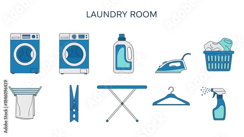 Blue and white icons representing laundry room objects in two rows