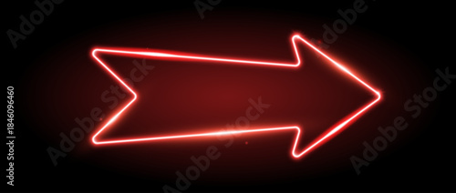 Red neon arrow element. Glowing led direction sign. Shine arrowhead shape tube lamp. Bright luminous fluorescent pointer effect for banner, poster, logo. Vector neon led light illustration