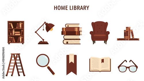 Collection of brown illustrated home library items on a white background