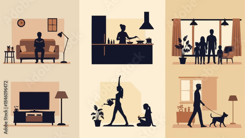 Silhouettes of people enjoying various activities at home.