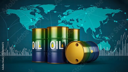 Oil barrels with world map showing global energy concept
