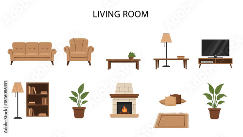 Collection of flatdesign brown living room furniture and decor items against a white background