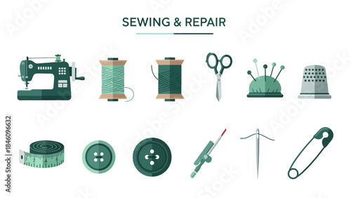 Illustration of sewing and repair tools arranged in two rows