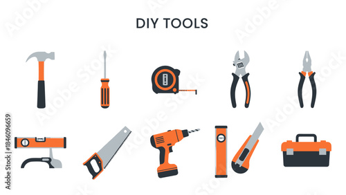 Illustration of ten orange and black DIY tools arranged in two rows