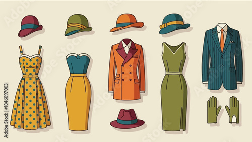 Vintage fashion collection with dresses, suits, and hats