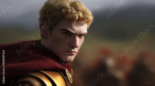 A determined young warrior with blonde hair and golden armor stares intensely, cloaked in a deep red cape, ready for battle against a blurred battlefield background