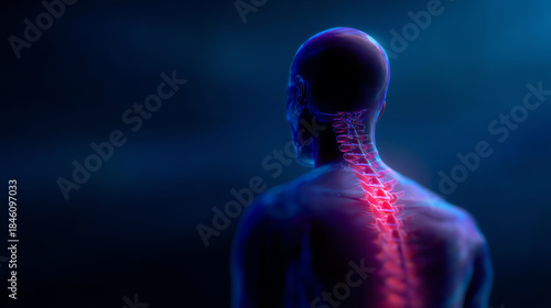 3D illustration of a human figure from the back showcasing the spinal column highlighted in red, indicating focus on spine anatomy or pain in the upper back and neck area