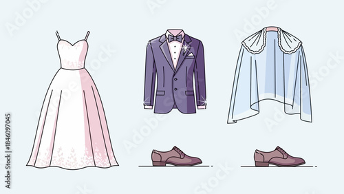 Elegant wedding attire for couple in formal purple and pink tones