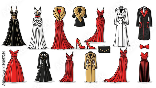 Elegant fashion illustrations of formal evening wear and accessories