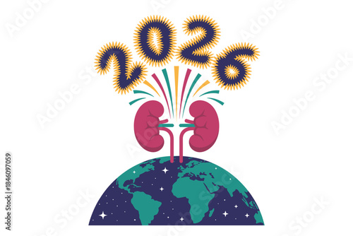 Vibrant illustration of kidneys on Earth celebrating 2026