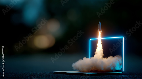 A rocket launches from a laptop screen, symbolizing technology-driven innovation and digital breakthroughs with glowing effects and smoke against a dark background