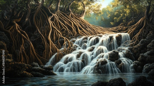 Waterfall flowing into a mangrove swamp, tangled roots, brackish water, unique ecosystem