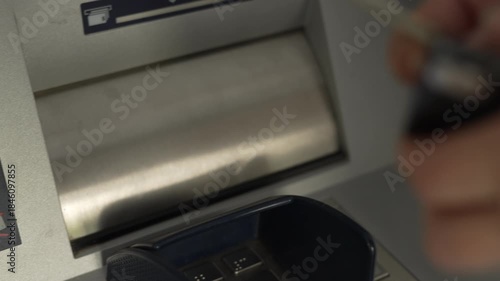 Hand Taking Money Cash From ATM Dispenser. Cash Withdrawal From Bank Machine Slot. ATM Giving Out Hundred Dollar Banknotes. Banking Cashpoint Transaction With Dollars