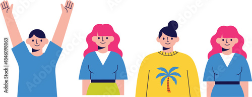 Flat cartoon people character set with happy expressions, raised hands and colorful outfits for social and lifestyle design