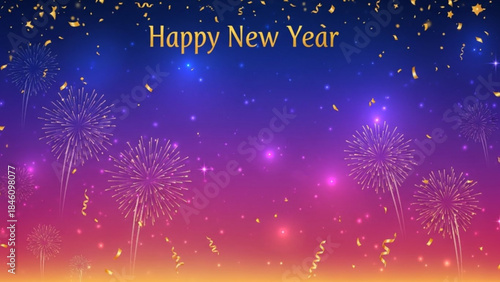 Vibrant fireworks explode in purple, pink, and blue gradient sky with gold confetti and sparkles, celebrating