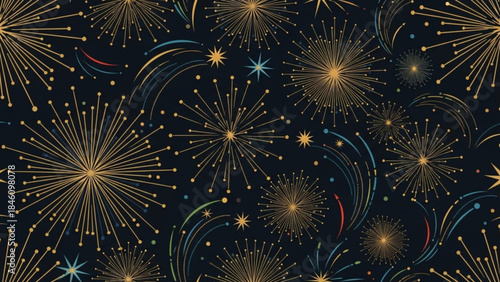 Vibrant colorful fireworks exploding in night sky with bright sparks and streaks of light on dark background