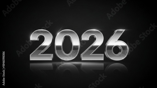 Shiny silver 2026 metallic numbers on black background with reflection