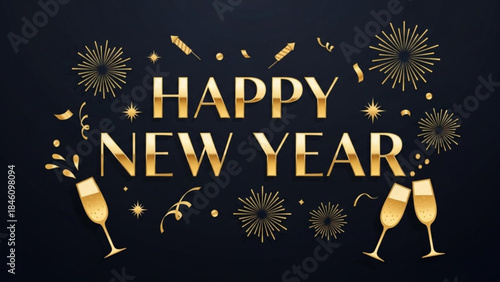 Gold happy new year text with champagne glasses and fireworks on dark background