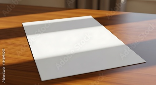 Blank white paper on a wooden table with sunlight.