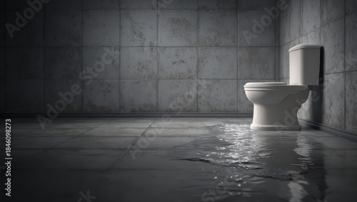 High quality photo of Dark and Grungy Bathroom with Leaking Toilet and Flooded Tiled Floor