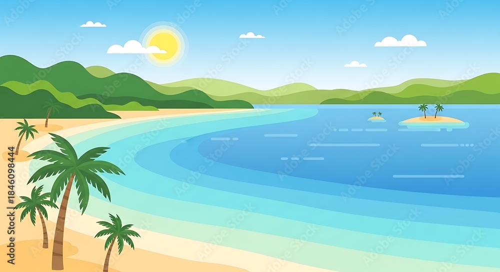 Fototapeta premium Beautiful tropical beach scene with palm trees and ocean view.