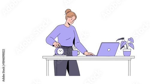 Woman working on a laptop at her desk with an alarm clock and a coffee cup
