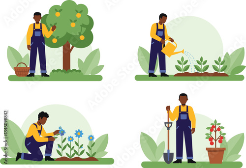 Gardening and farming activity illustration set showing planting, watering, harvesting and plant care with modern flat people characters