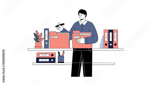 Illustration of an office worker reviewing documents in a file cabinet concept design