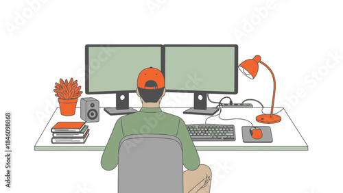 Illustration showing a person working at a desk with dual monitors and accessories