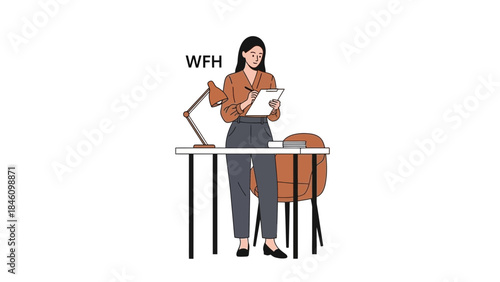 Illustration showing a woman working from home office writing on a notepad lifestyle