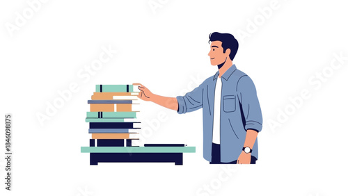 Man choosing a book from a stack representing knowledge and education on white background