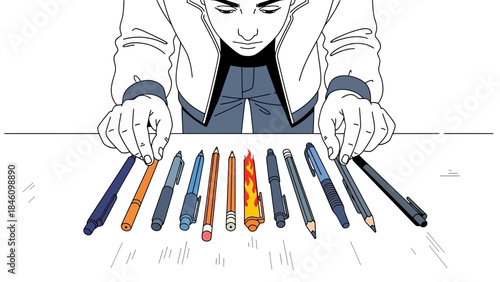 Man choosing writing instruments, choosing pens and pencils on a white surface