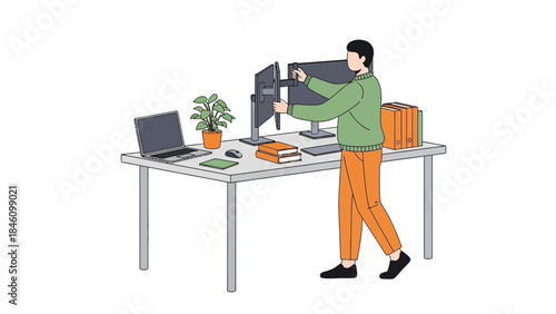Man setting up dual monitor computer workstation in office environment for work