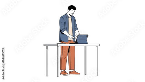 Man using tablet on a table in vector illustration isolated on white background