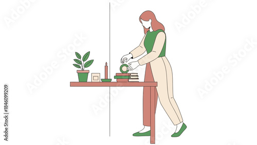 Minimalist illustration of a woman arranging items on a table with a houseplant and candle
