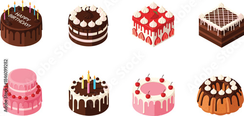 Isometric cartoon cake dessert illustration set with birthday, chocolate and strawberry cakes for bakery and celebration design