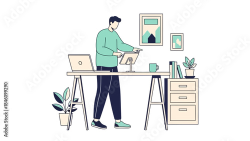 Minimalistic illustration of a person working at a desk workstation with technology