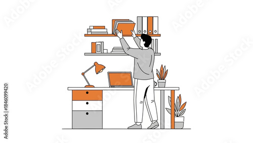 Office worker organizing files on a shelf with desk and lamp illustration