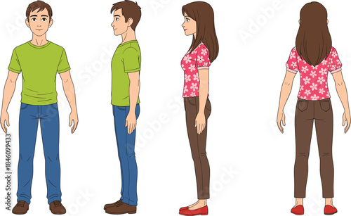 Male and female character turnaround vector set showing front, side and back views for animation and game design