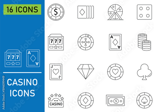 Collation of thin line casino icon. Containing duotone, color, protest, betting, casino, cards, income, deck, players, win and more. Conceptual pictogram and infographic. Vector illustration. 