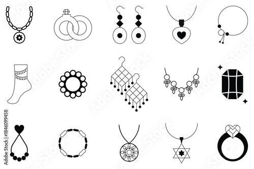 Collation of jewelry and luxury fashion line icon set. Contains necklace, maple ring, bracelet, locket, star, earrings, chain and more. Versatile precious ornament line icons for fashion. Vector 