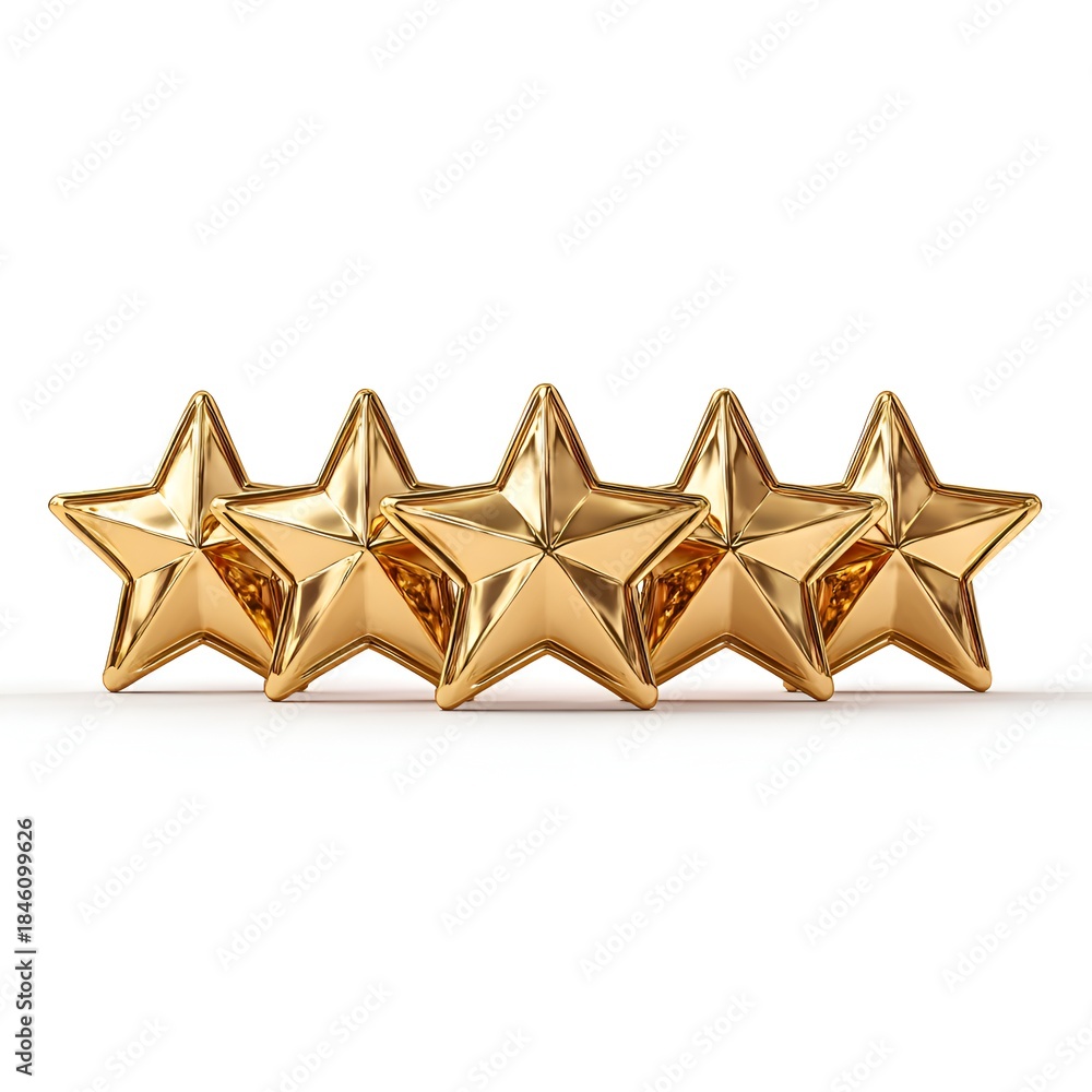 Fototapeta premium Five golden stars aligned perfectly on a white surface showcase an excellent rating and top quality satisfaction for consumers rating services.