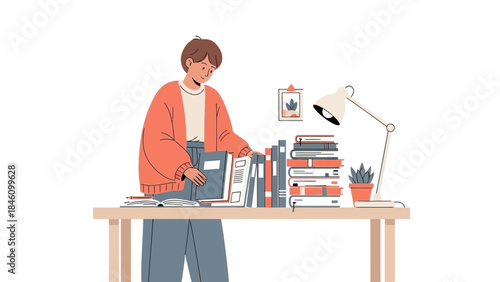 Person organizing books on a desk with lamp and plant illustration