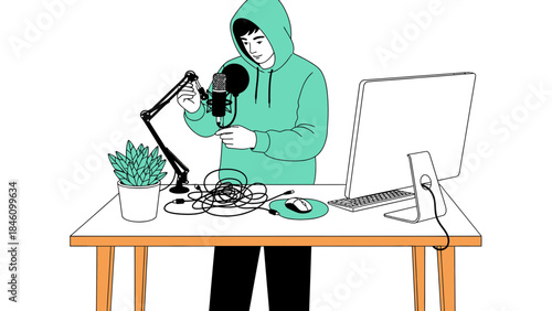 Person setting up microphone for podcast creation and recording audio on computer at desk