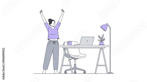 Success and celebration illustration of a woman working from home office vector