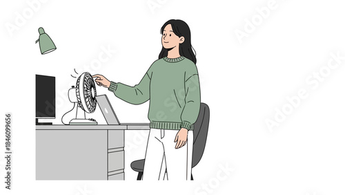 Woman adjusting a fan in a work, office, or home, illustrating lifestyle comfort during work