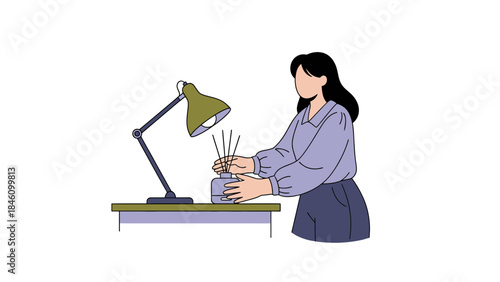 Woman arranging aromatherapy diffuser next to a desk lamp, vector illustration