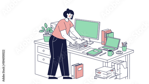 Woman organizing documents and working at her desk with computer and laptop