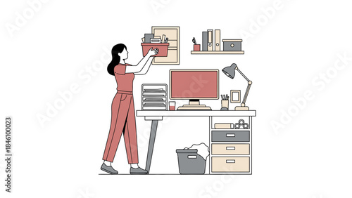 Woman is organizing and working at her desk with a computer and office supplies in a modern setting
